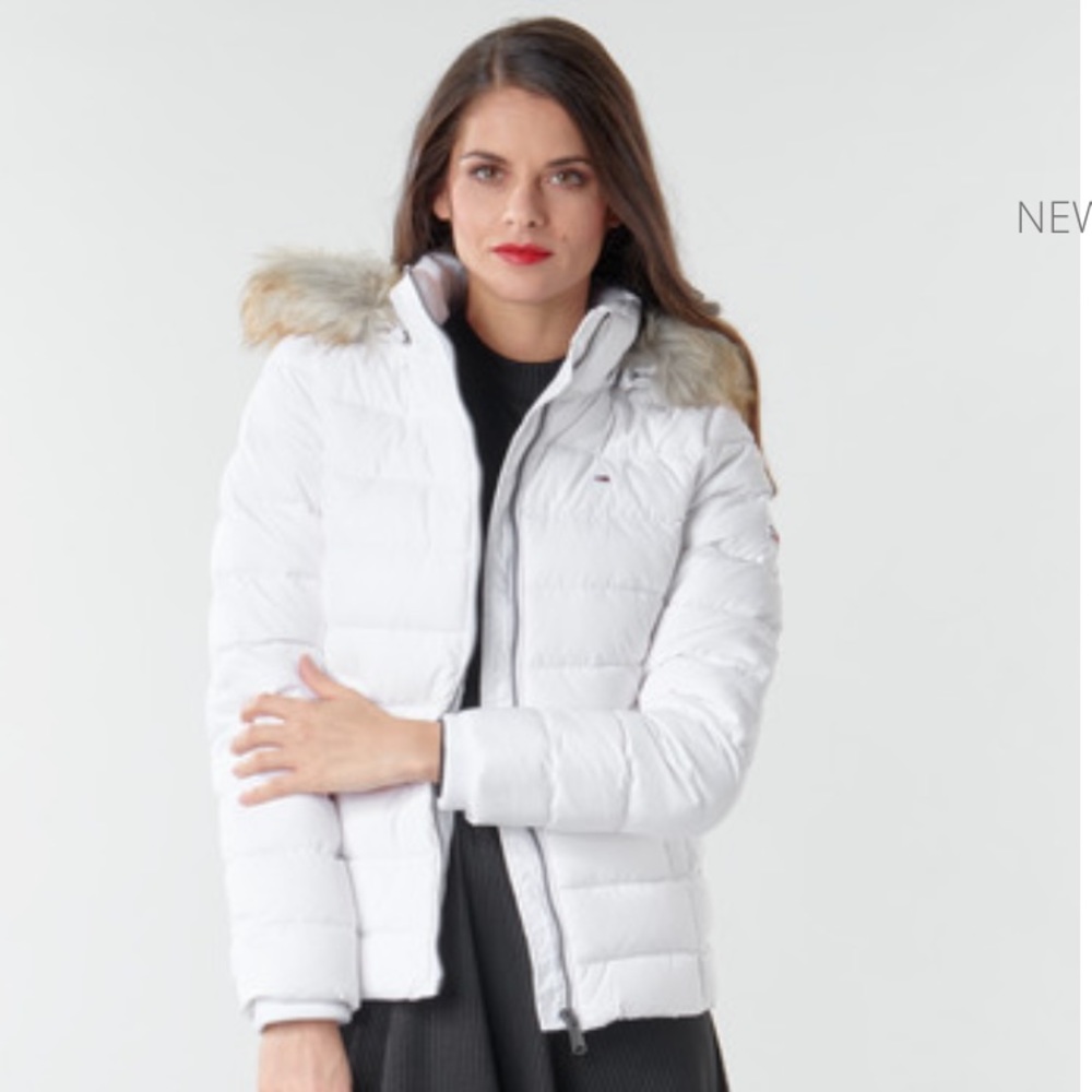 TOMMY HILFIGER white fur hooded puffer jacket size Medium